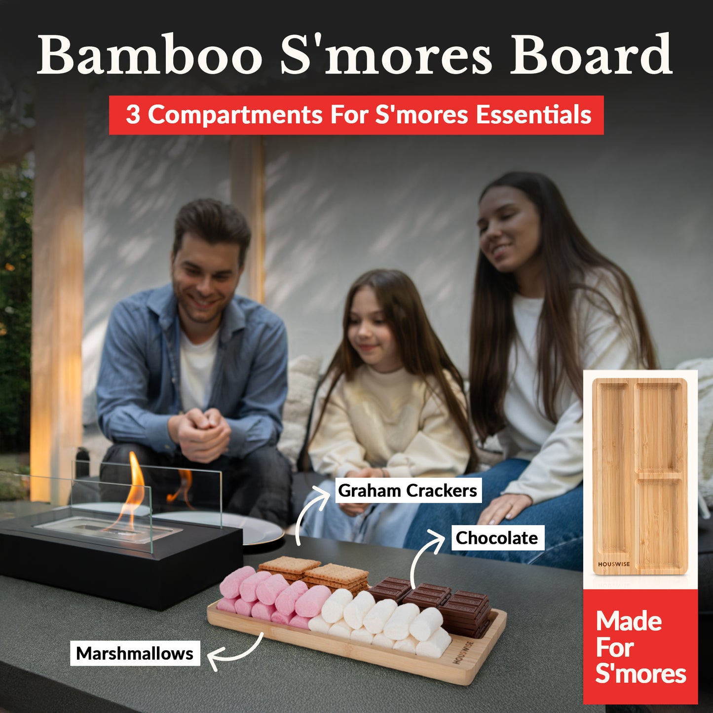 Family enjoying s’mores around a fire with a bamboo board holding marshmallows, chocolate, and graham crackers.